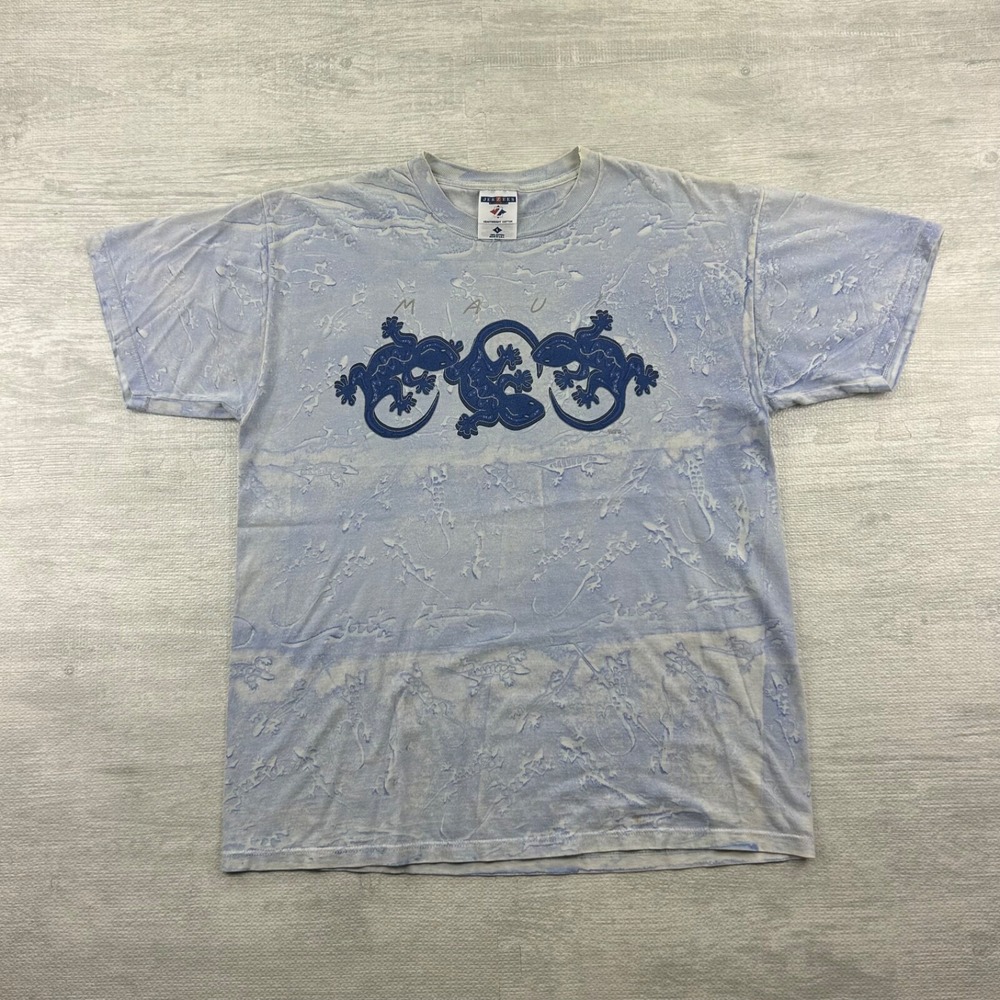 Vintage 90s Maui Hawaii Shirt Size Large Blue Lizard All Over Print